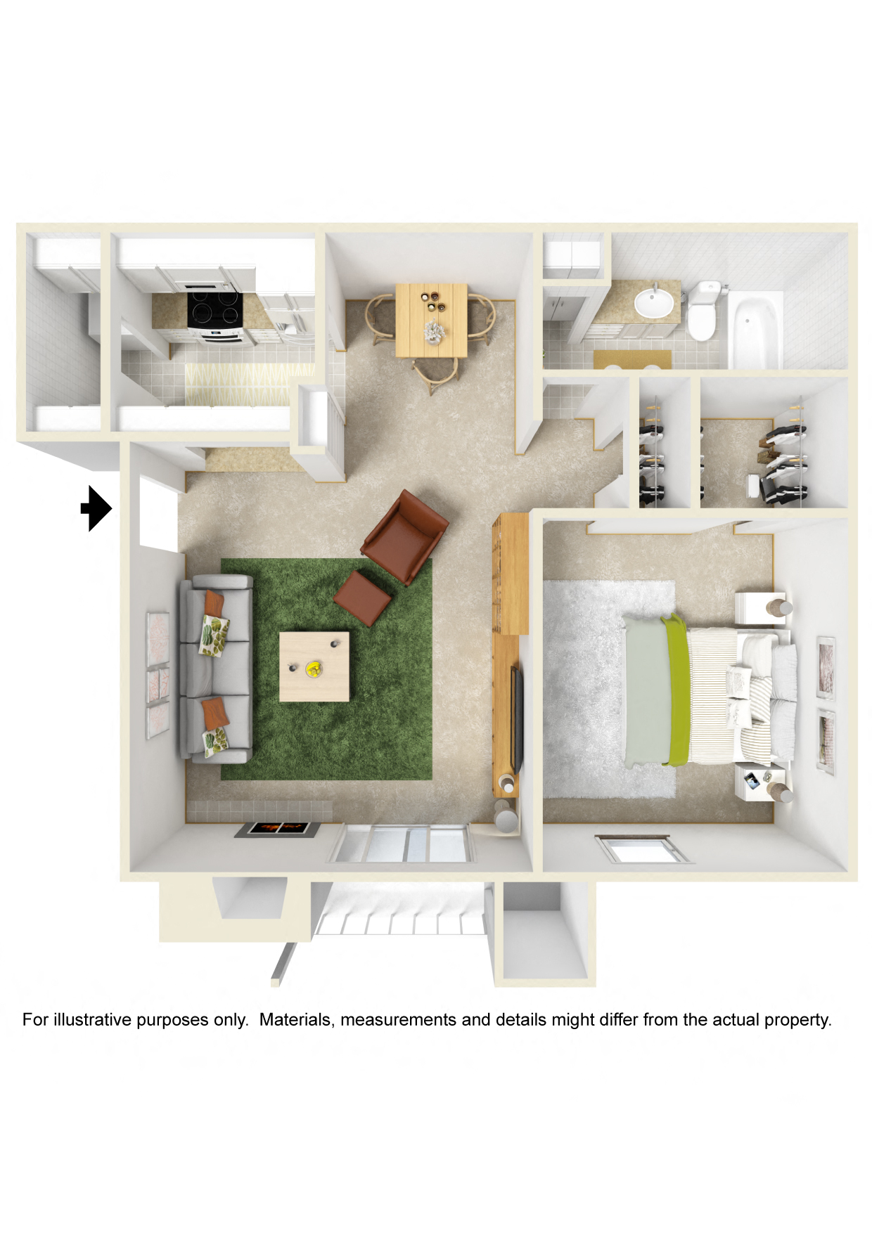 Floor plan for 1 bed, 1 bath, 739 sqft